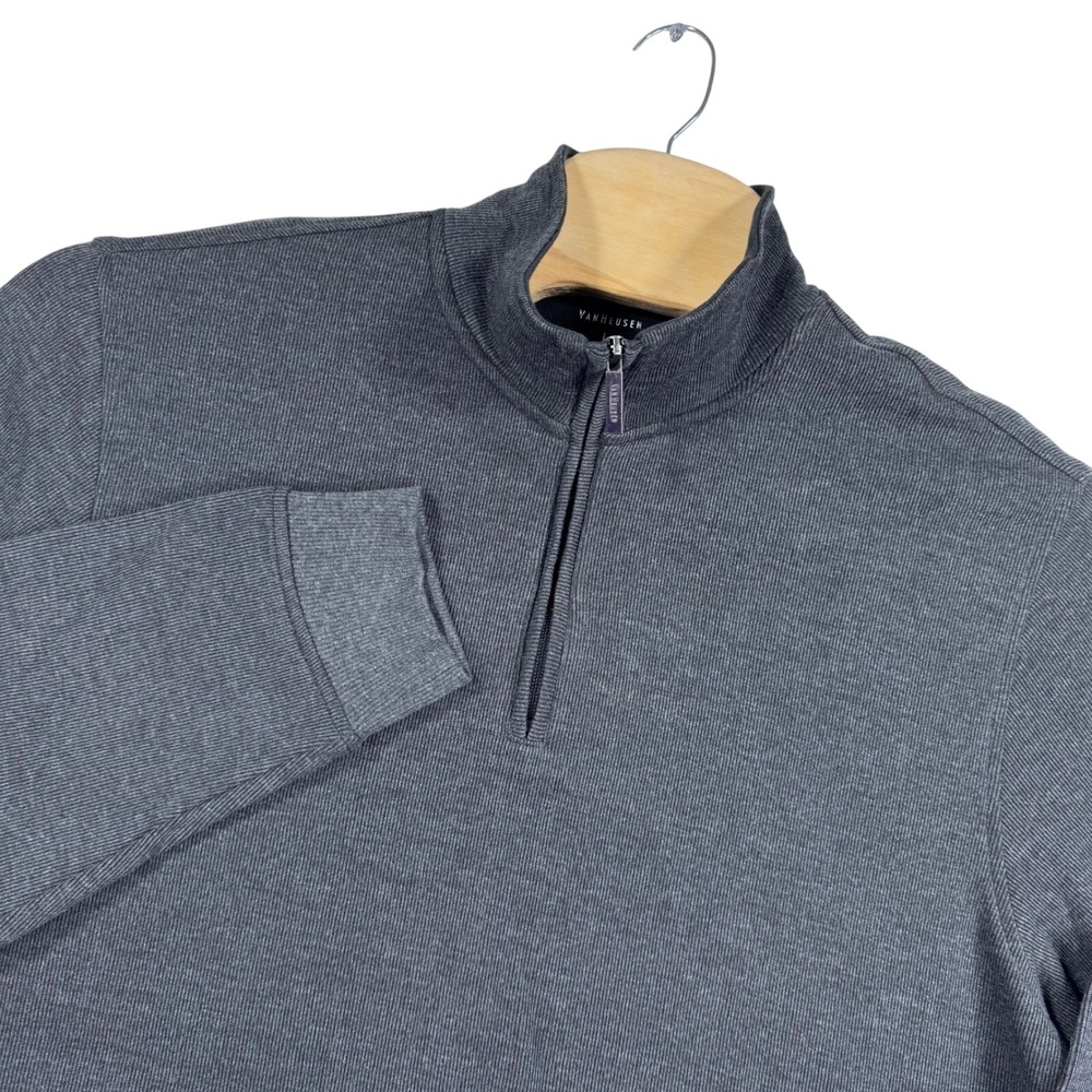 VANHEUSEN Shirt Mens L Quarter Zip Pullover Sweatshirt Gray Ribbed Knit Casual